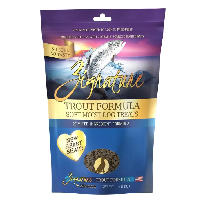 Zignature Dog Treat Soft Moist Trout 4 Oz Hearts