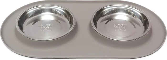 Messy Mutts Cat Silicone Double Feeder Gray
