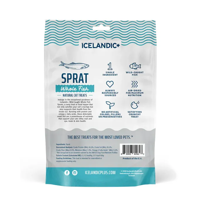 Icelandic+ Sprat Whole Fish cat treats, back of bag