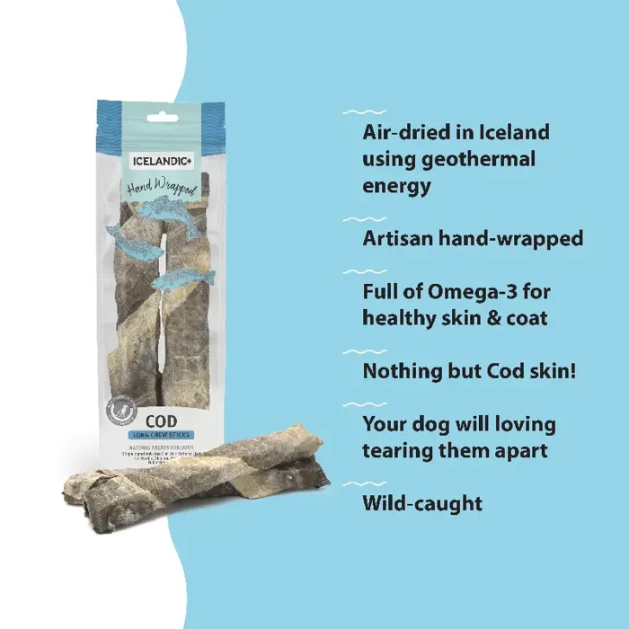 Icelandic+ Dog Treat Cod Skin 10" Stick Bulk 12 Pi