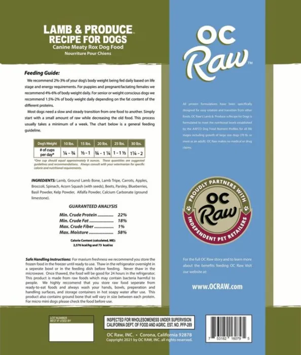 OC Raw Dog Frozen Lamb & Produce Meaty Rox 3#