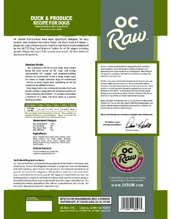 OC Raw Dog Frozen Duck & Produce Rox 7#